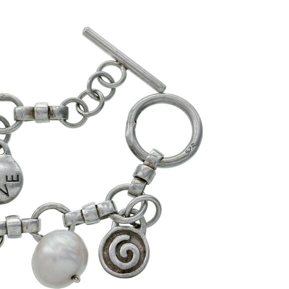 Vintage Sterling Silver 925 Pearls and Spiral Inspirational Charm Bracelet 7.25" - Picture 2 of 5